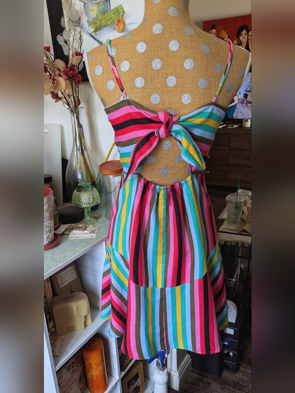 Colorful Striped Tie-Back Sundress - Pink, Teal, Yellow, Brown